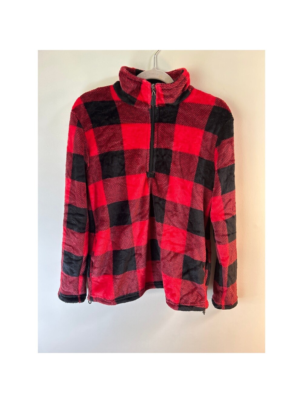 Womens Small Red Black Buffalo Plaid Fleece Pullover 1/4 Zip Cozy Sherpa